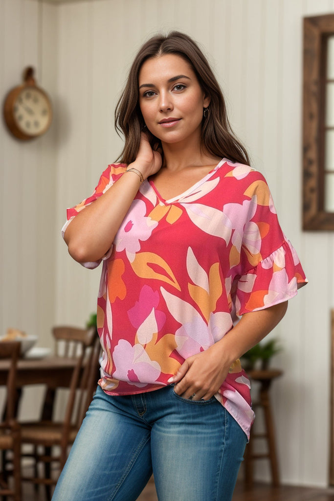 Floral In Coral - Ruffle Sleeve