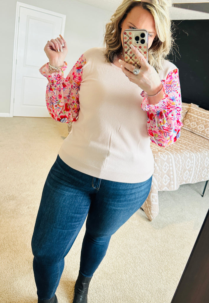 Blush Floral Sleeve Knit Top