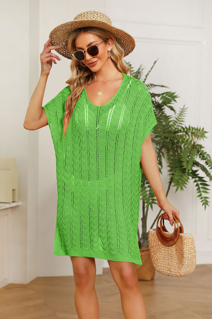 Openwork Short Sleeve Slit Knit Cover Up